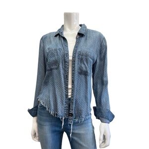 Rails Polka Dot Chambray Button Down Shirt Frayed Hem Blue Denim Top L